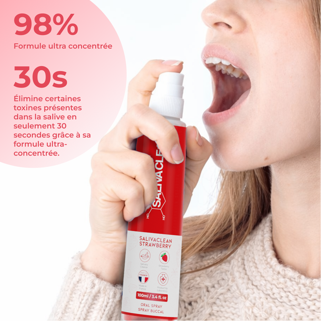 Spray buccal SalivaClean tenu en main
format compact