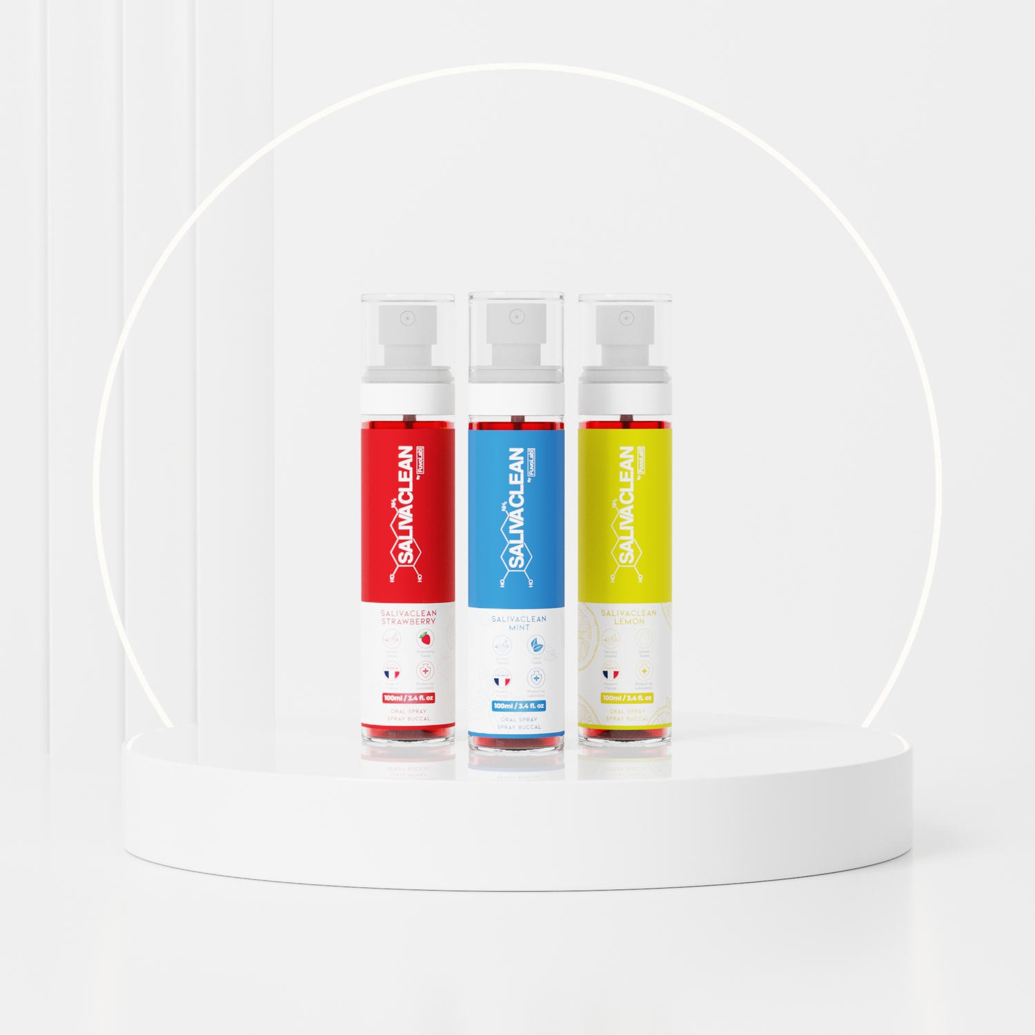 Pack trio spray buccal SalivaClean 3 saveurs Fraise Menthe Citron